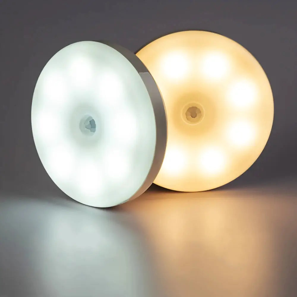 Night Light USB Motion Sensor Round LED Lamp by Simples Market; white and warm yellow dual-color lighting