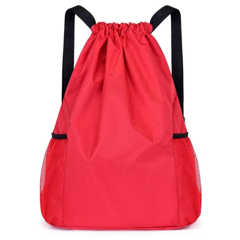 Backpack drawstring bag, red with black straps, side mesh pockets, unisex casual travel bag