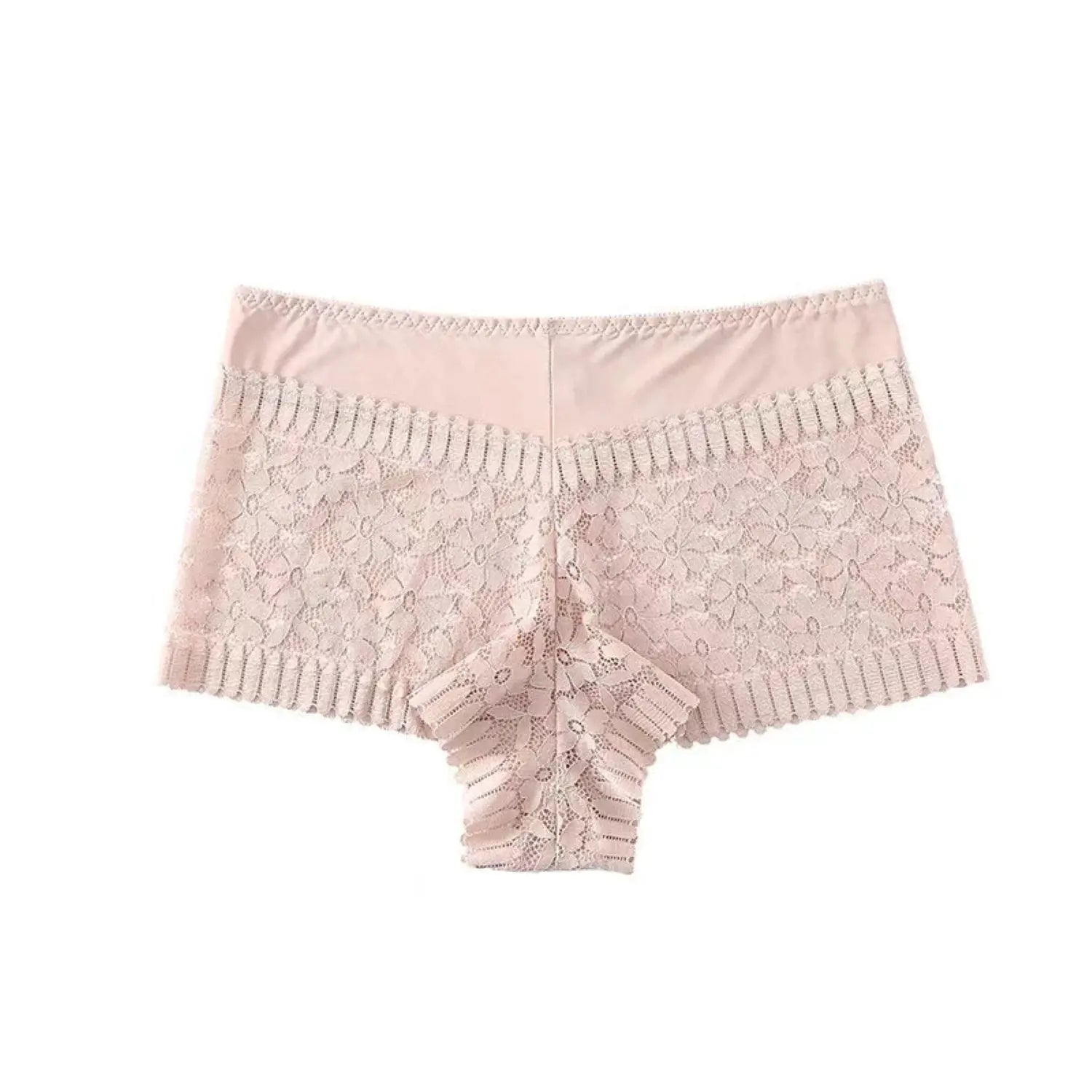 Blush pink lace high-waist panties with satin waistband and floral lace, thong back