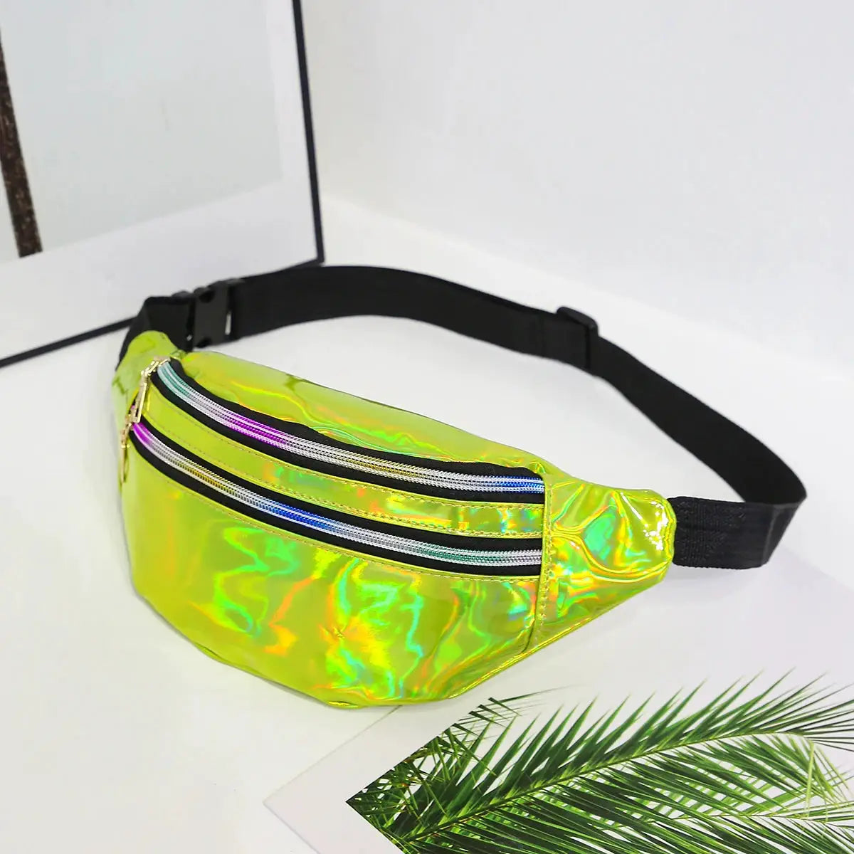 Holographic fanny pack with iridescent lime PU and black adjustable strap, three zip compartments