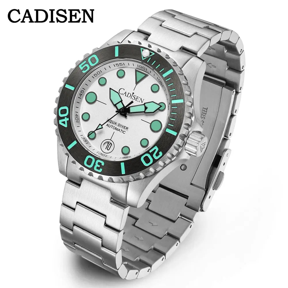 CADISEN Aqua Diver men's stainless steel automatic watch, white dial with teal luminous markers, 100m water resistant