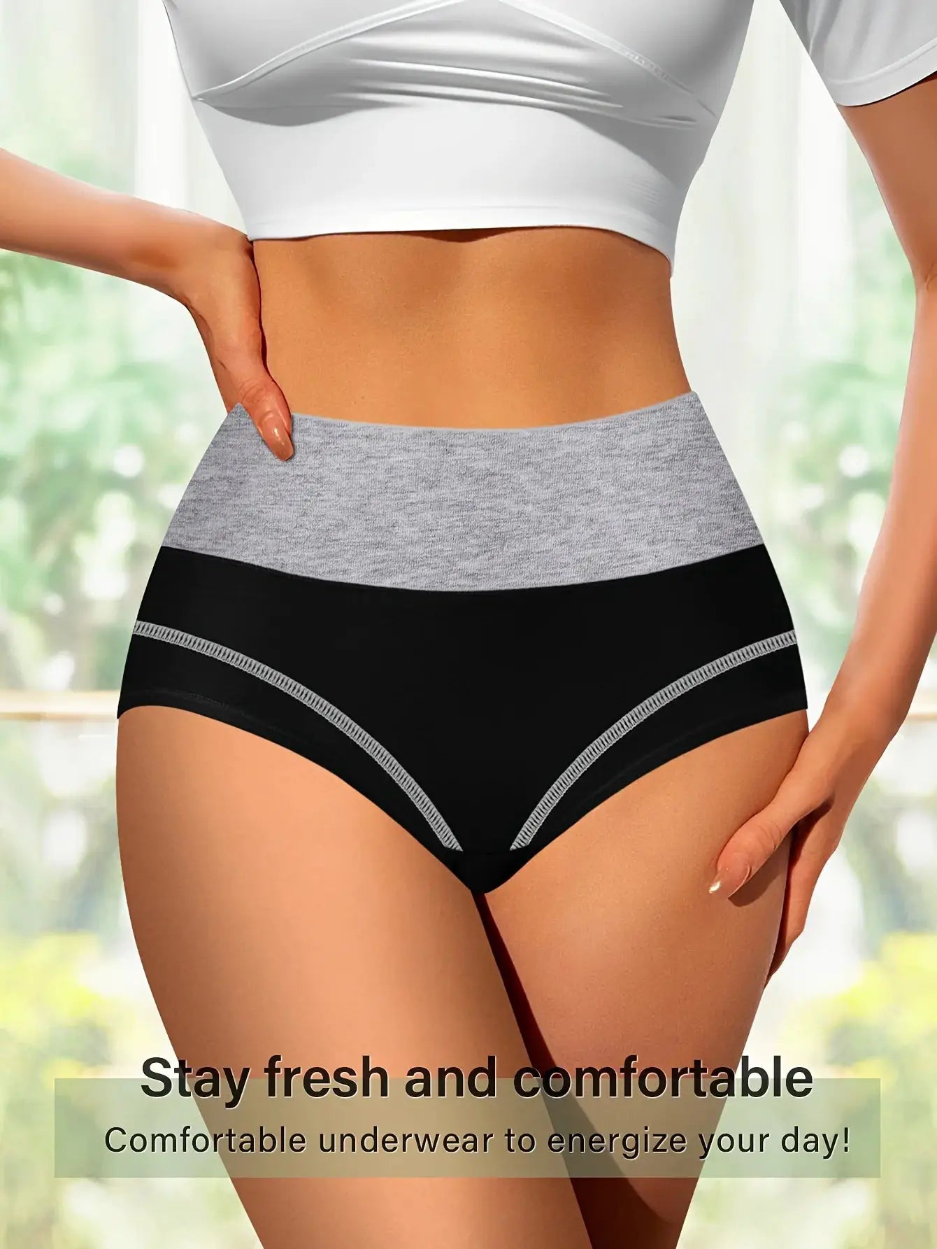 Simples Market high-waisted tummy-tightening panties; gray waistband with black body, breathable underwear