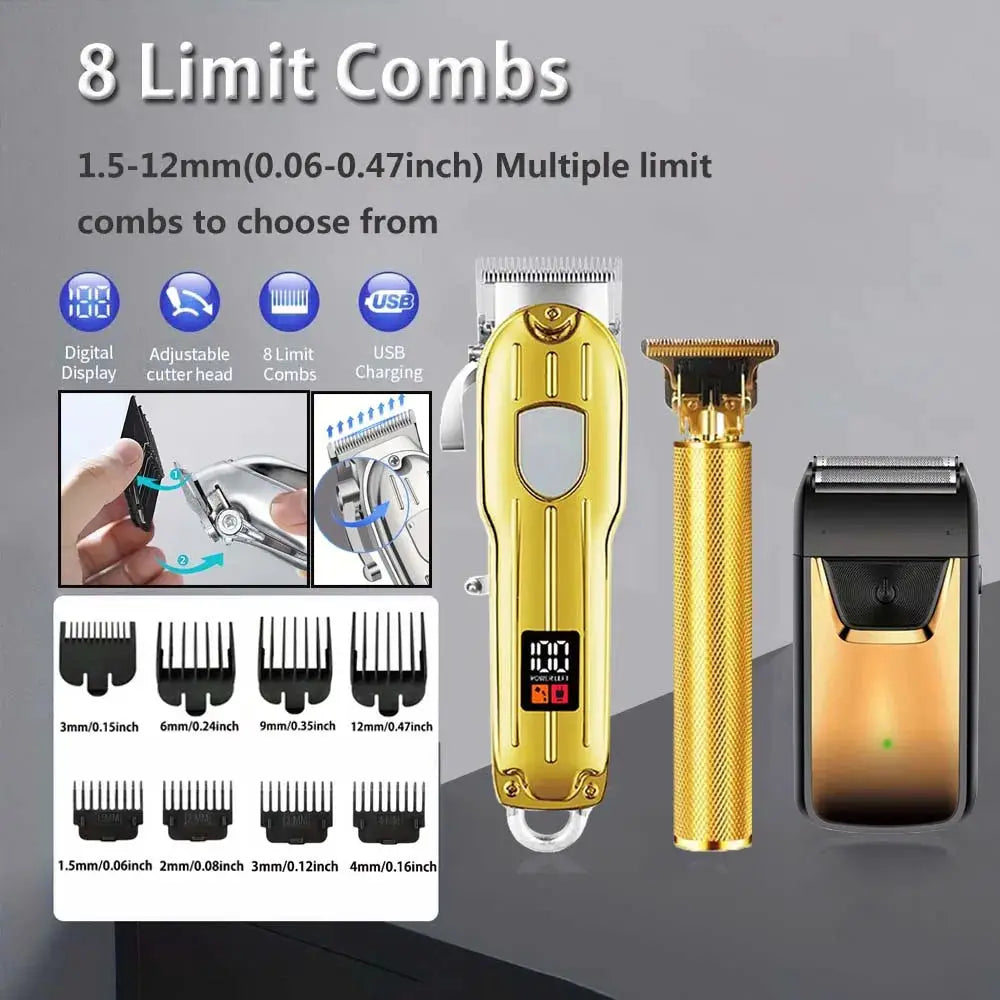 Professional 3-piece hair clipper and trimmer set by Simples Market, gold rechargeable shaver and 8 limit combs