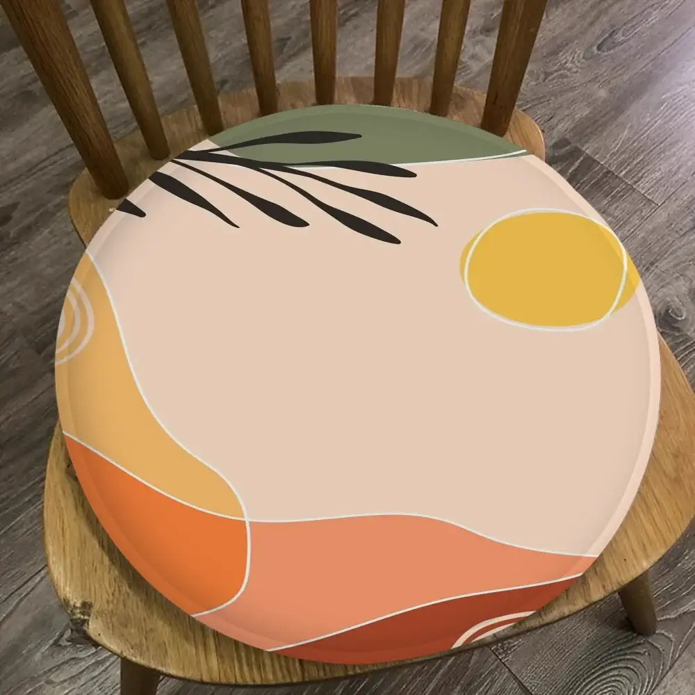Round palm-leaf art chair cushion, soft beige with green top and yellow accents, 45x45cm