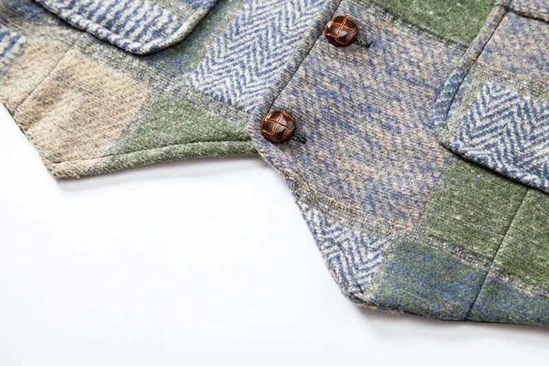 Green tweed plaid waistcoat by Simples Market, herringbone vintage wedding groomsmen vest
