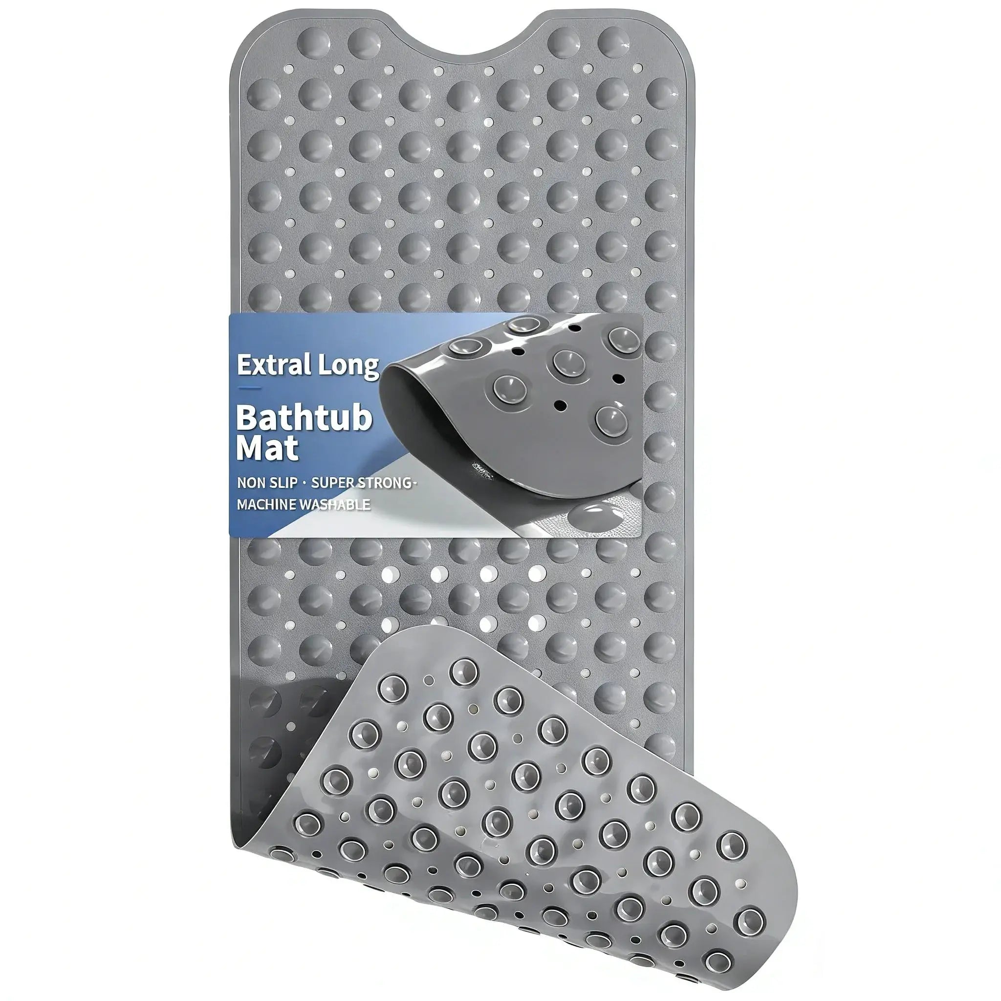 Bathtub mat, extra-long gray with suction cups and drain holes for bathroom.