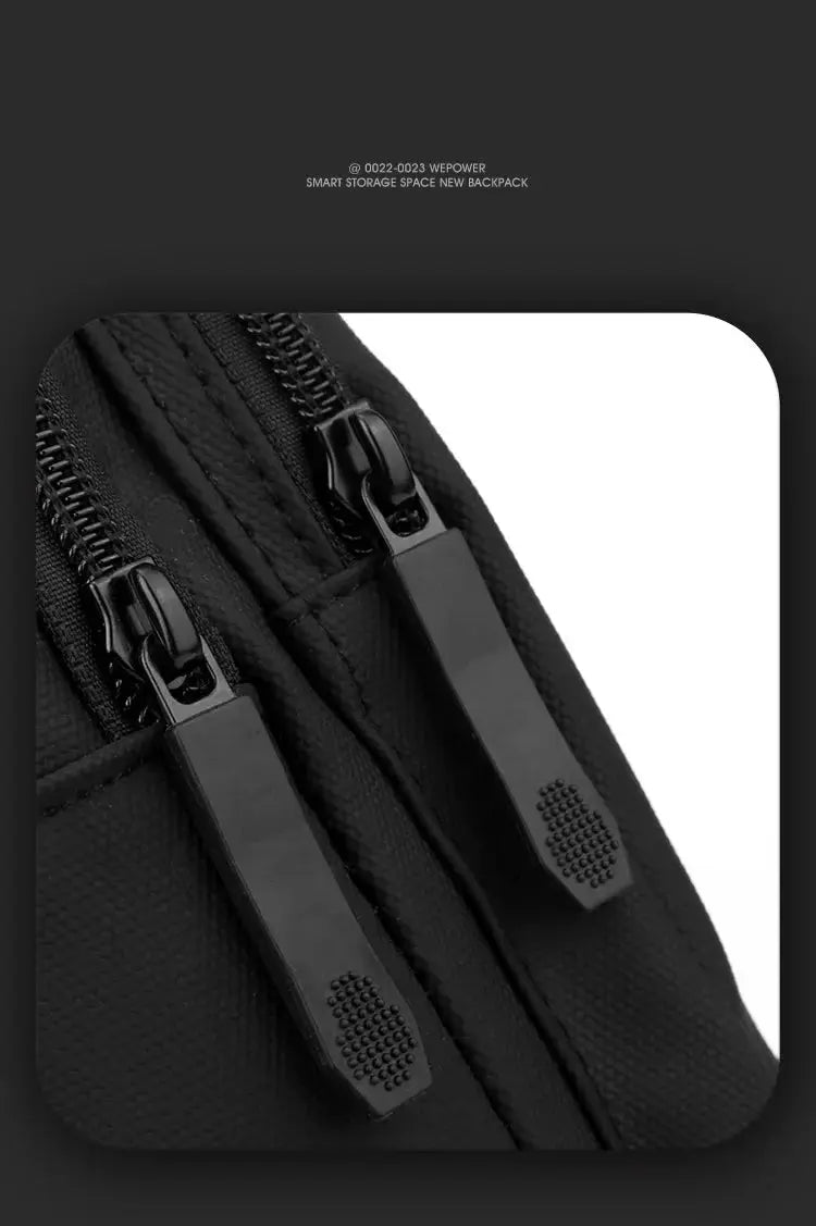 Lightweight men's chest bag by Simples Market; black nylon crossbody with dual zipper pulls.