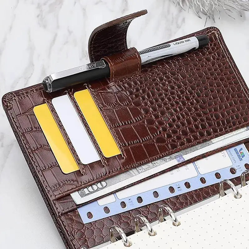 Simples Market Yiwi genuine leather pocket-size planner with ring binder, card slots in brown crocodile pattern