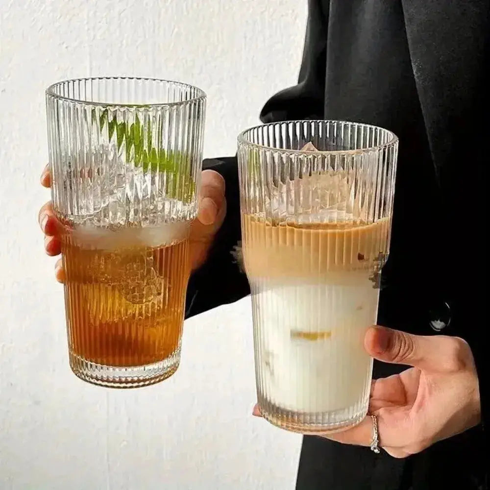 600ml Stripe Glass Cup With Lid And Straw Transparent Drinking Glass