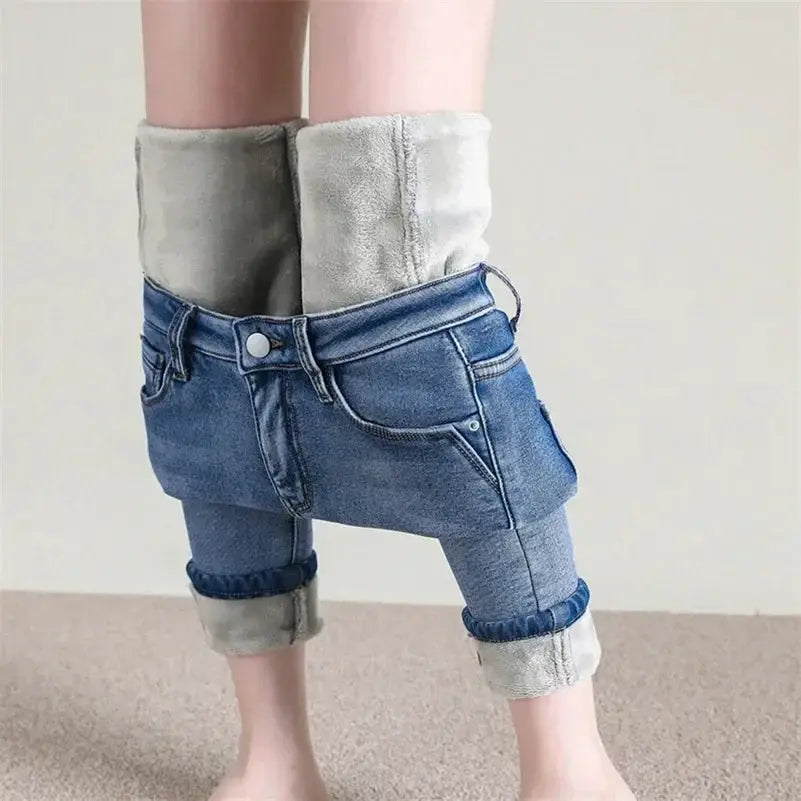 Women Thermal Skinny Jeans With Plush Lining Warm Winter Denim Pants