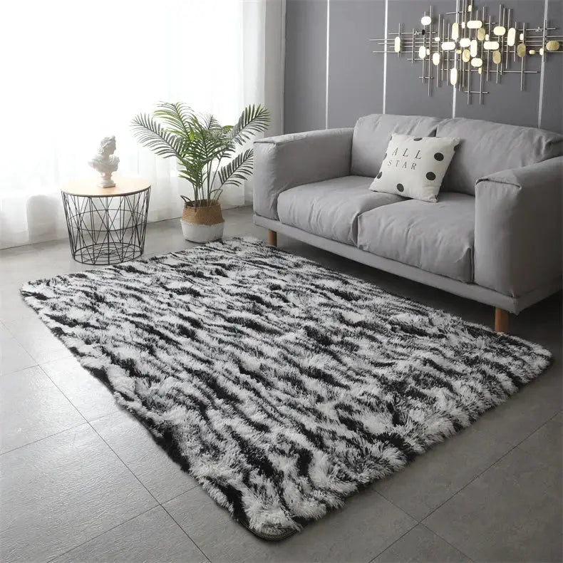 Premium fluffy zebra-pattern shag area rug, black and white, ultra-soft living room carpet