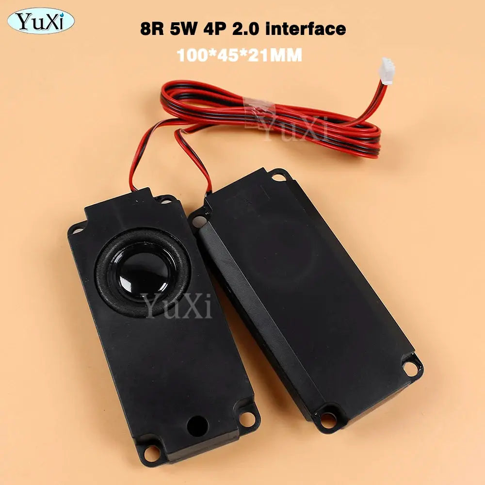 Simples Market black PC speakers pair, rectangular desktop audio speakers with red and black power cables