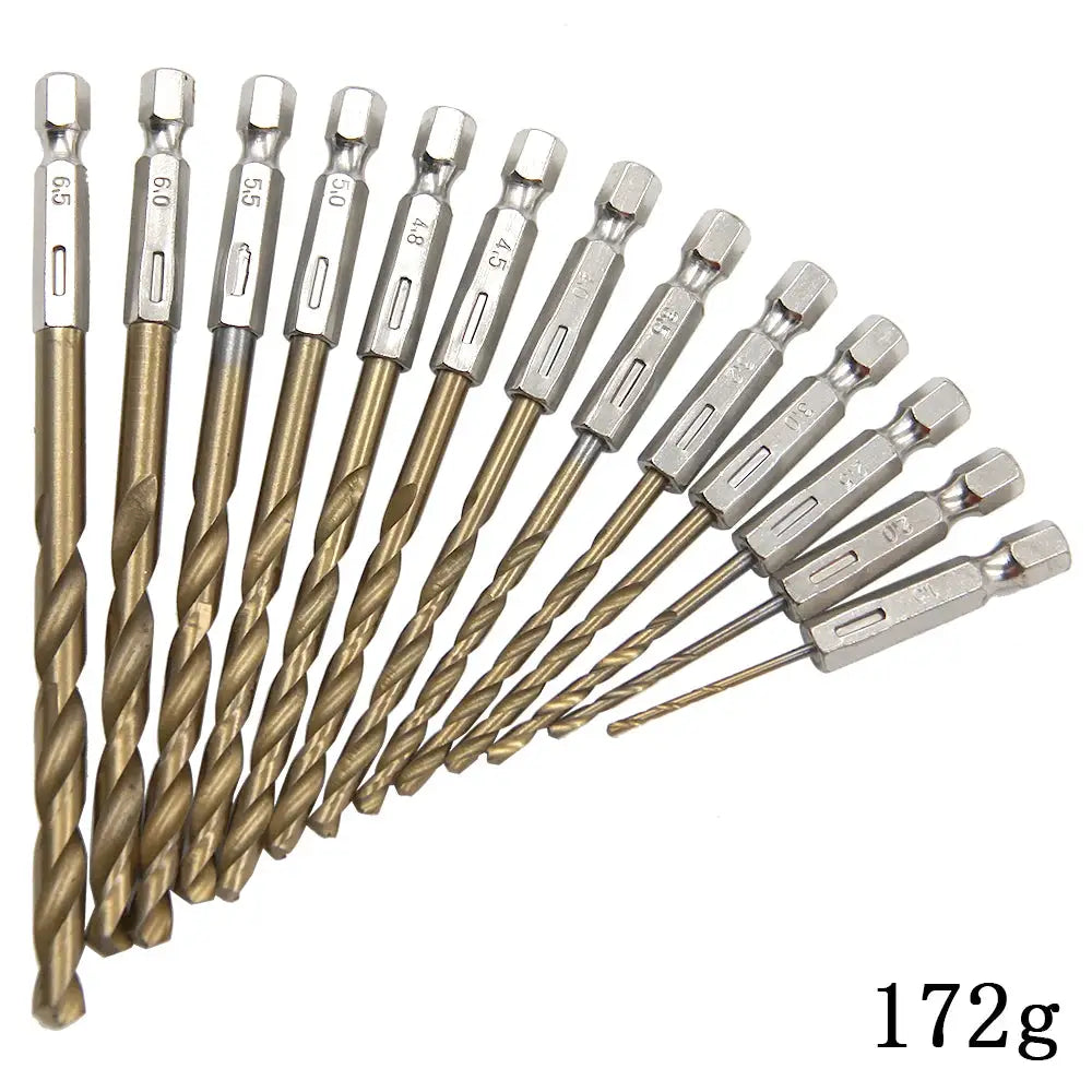 13-Piece Titanium Plated Twist Drill Bit Set With Hexagonal Handle 1.5-6.5mm For Wood Plastic Aluminum Iron
