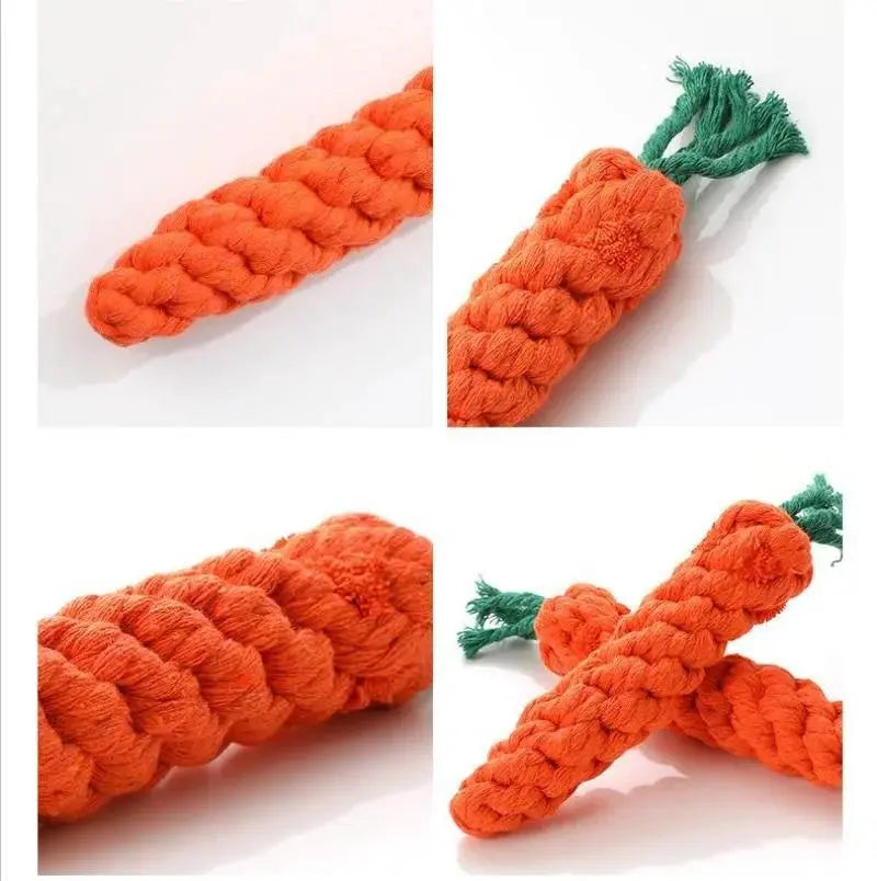 Simples Market 1pc carrot knot toy for dogs and cats, orange cotton rope with green frayed ends.