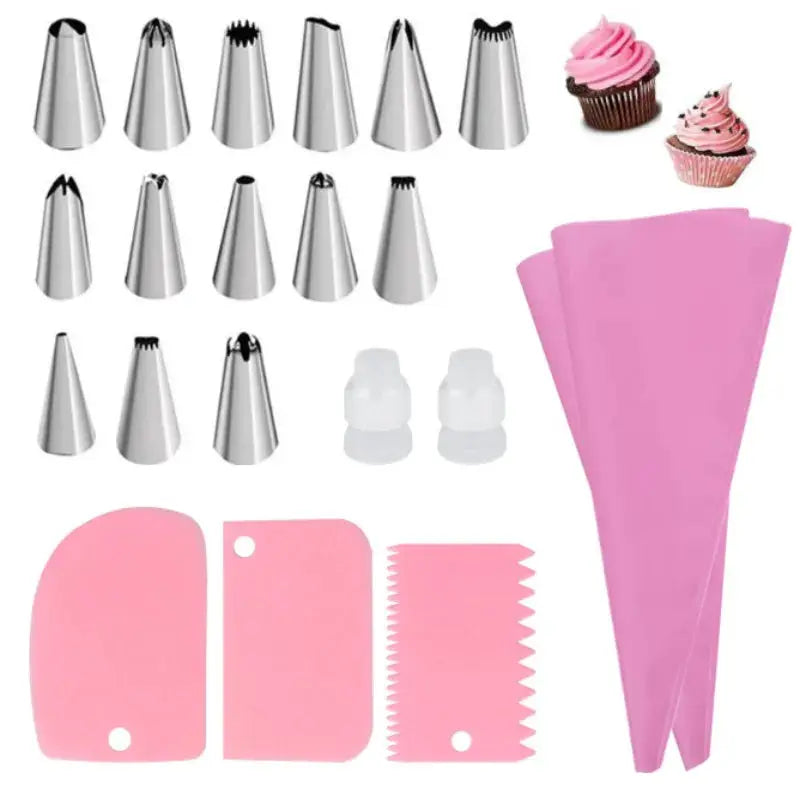 Silicone Piping Bags And Tips Set For Cake Decorating Reusable Pastry Tool With Stainless Steel Nozzles