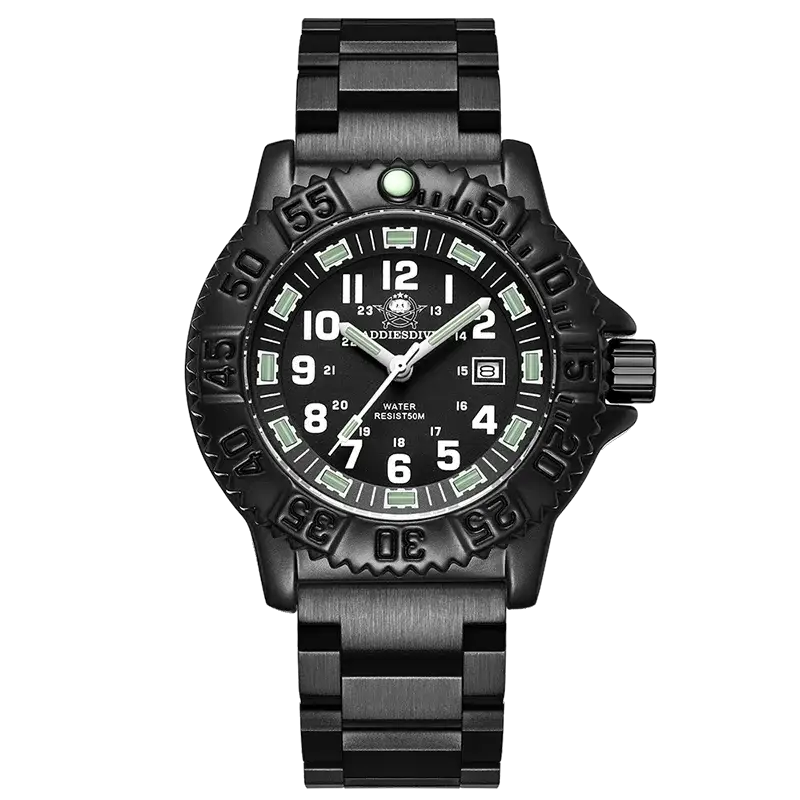 ADDIESDIVE luxury men's quartz watch with black stainless steel strap, luminous dial, 50m water resistant