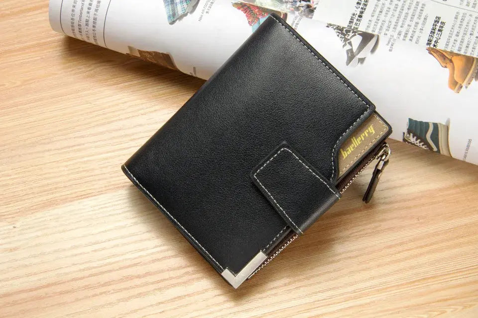Baellerry black leather men's wallet with zipper coin pocket and card slots; visible Baellerry tag.