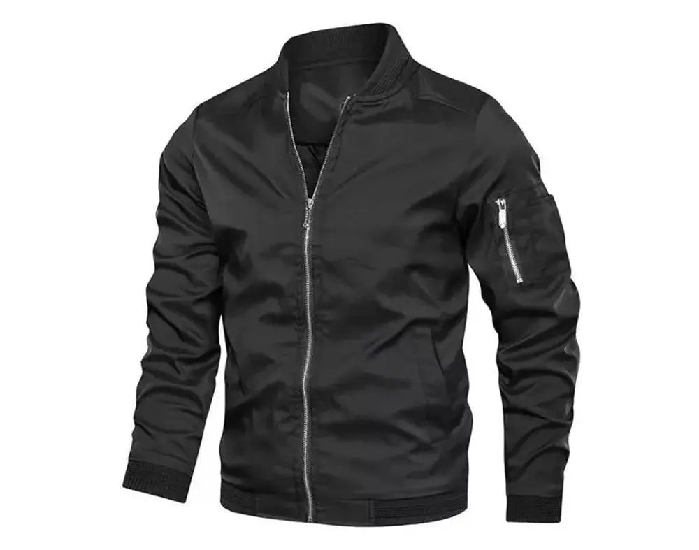Spring Autumn men's black lightweight windbreaker jacket with front zip, zippered sleeve pocket, ribbed cuffs and hem