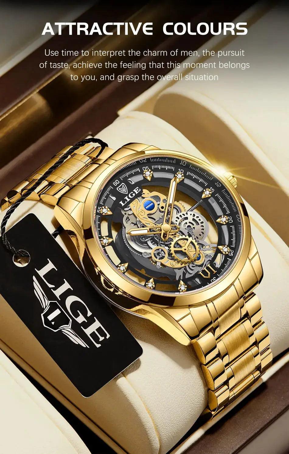LIGE men's gold stainless steel skeleton wristwatch with exposed gears