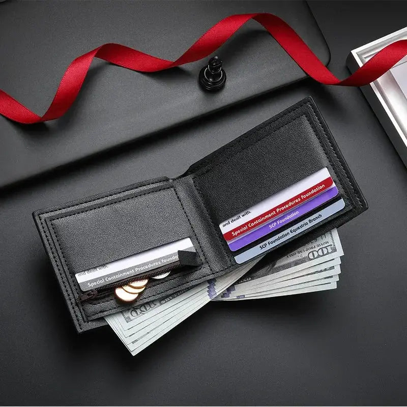 Carbon fiber short wallet by Simples Market with integrated zipper coin pocket, black card holder with cash and cards.