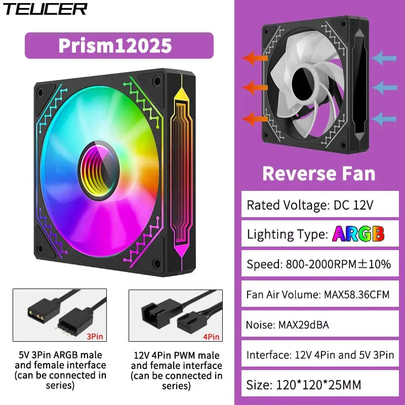 TEUCER Prism12025 120mm ARGB PC case fan with rainbow lighting, 800–2000RPM, 12V PWM and 5V ARGB interfaces.