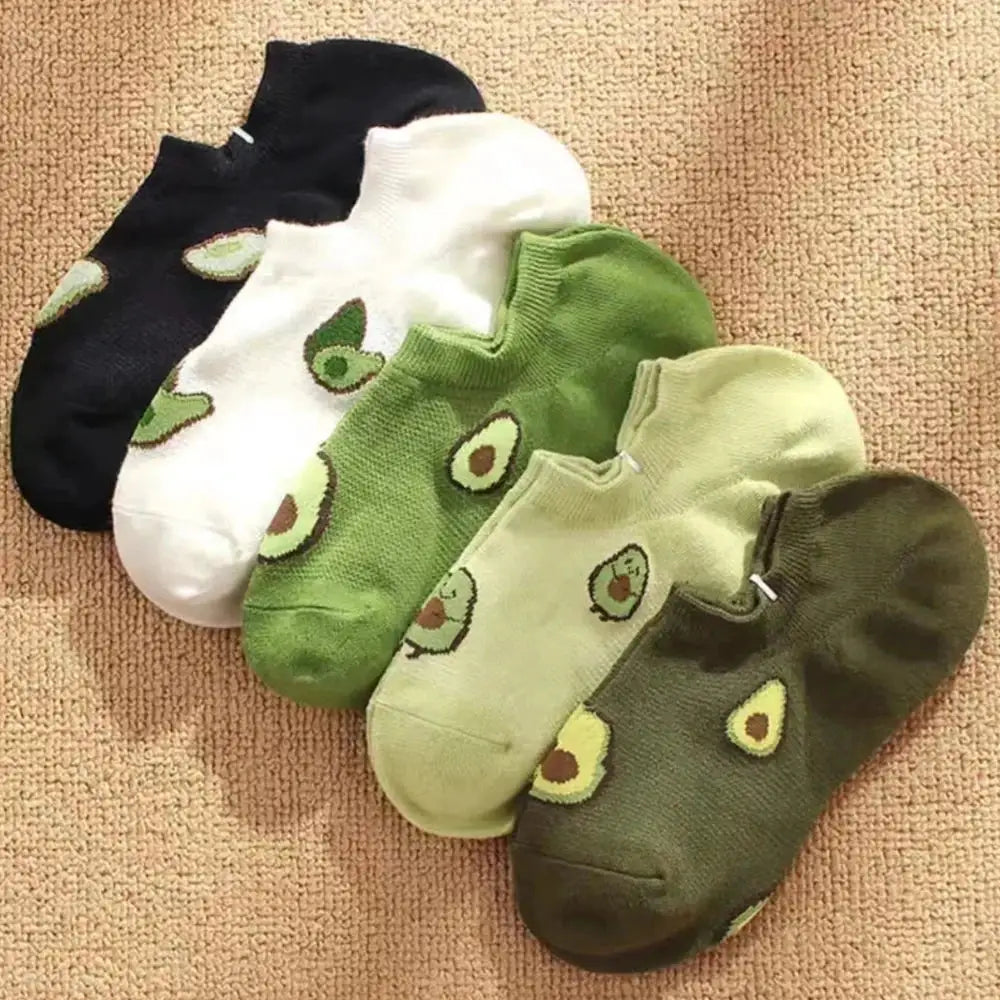 5 Pairs Avocado Crew Ankle Socks for Women Breathable Thin Knit Cartoon Fresh Kawaii Fashion