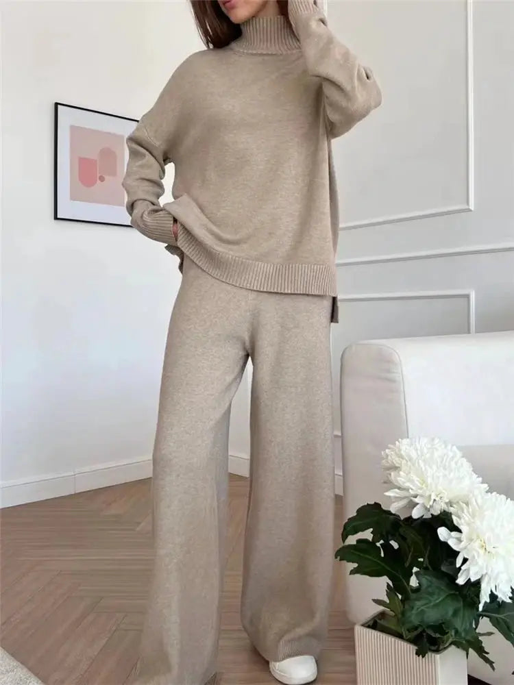 CozyNest Autumn Winter Two Piece Knitted Tracksuit Set With Turtleneck Sweater And Wide Leg Joggers For Women