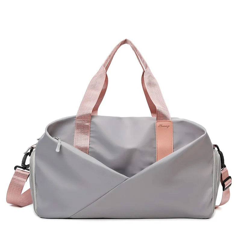 Simples Market gray gym bag with pink handles, waterproof, dry-wet separation, large-capacity travel yoga duffel
