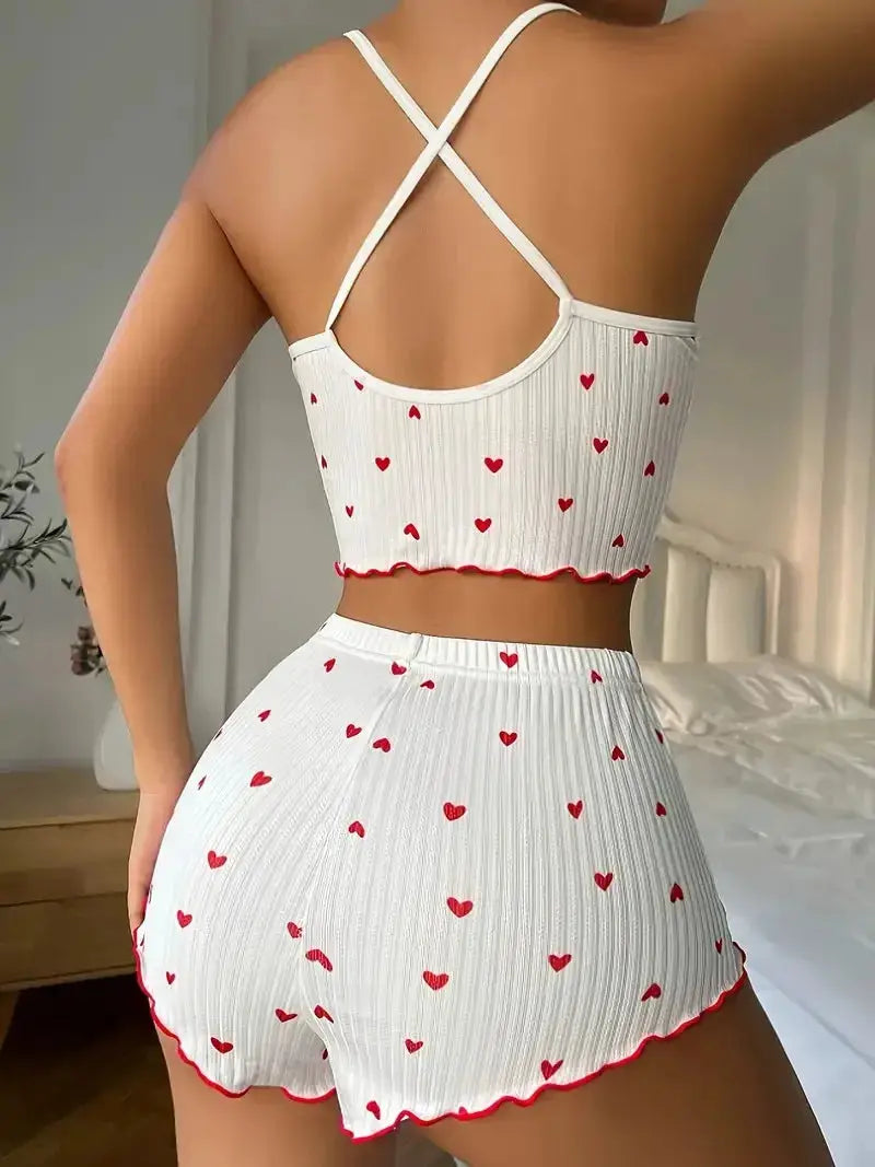 DreamEase Sleepwear Women Pajamas Set Heart Print Ribbed Fabric Cami Top And Shorts Soft Ribbed Comfort