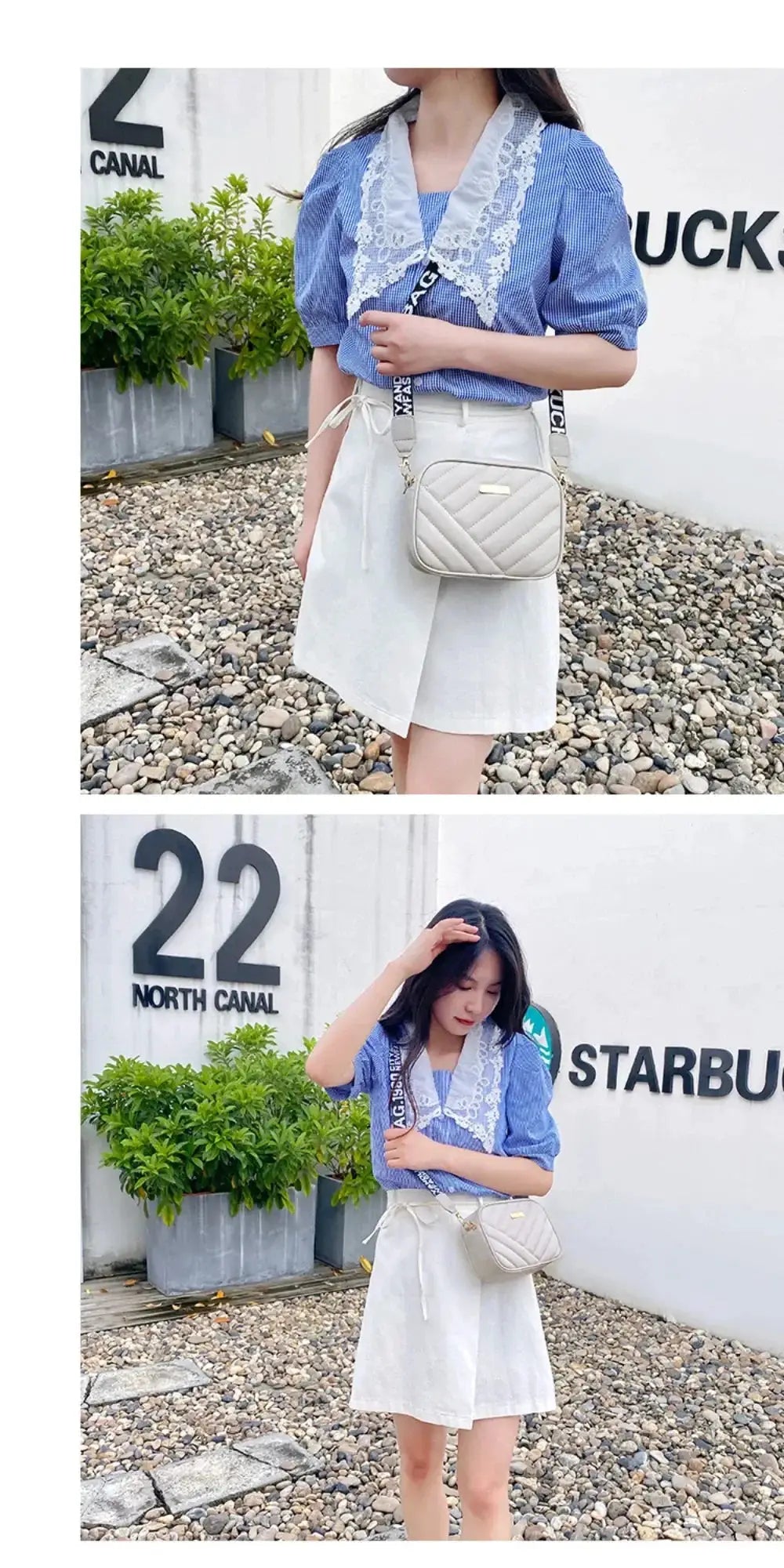 Simples Market beige quilted crossbody shoulder bag with branded strap