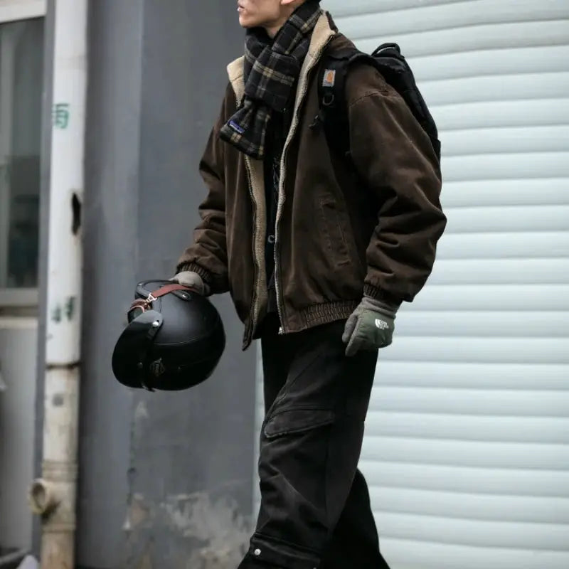 Simples Market men's polar fleece jacket, Japanese vintage brown thick winter coat with beige lining, streetwear.