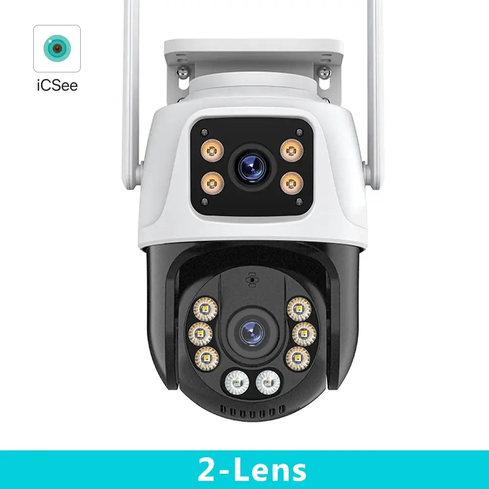 Two-lens outdoor PTZ IP security camera with LED ring lights and white housing; iCSee logo visible