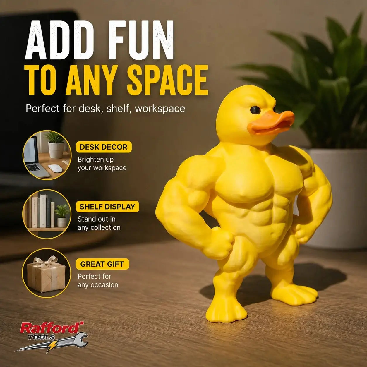 Muscle Duck Statue, yellow 3D desktop decor figurine for desk or shelf by Simples Market; Rafford Tools logo