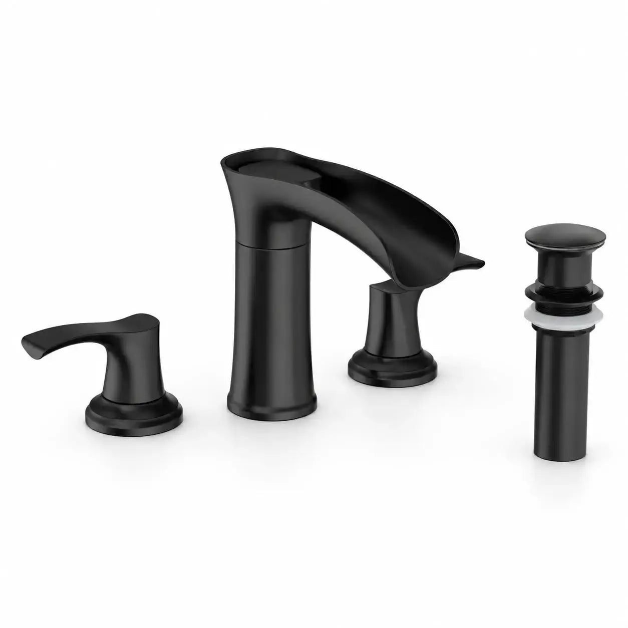 Black modern waterfall faucet with 4-inch centerset, dual handles, ABS + zinc alloy, pop-up drain, 3-hole deck-mount