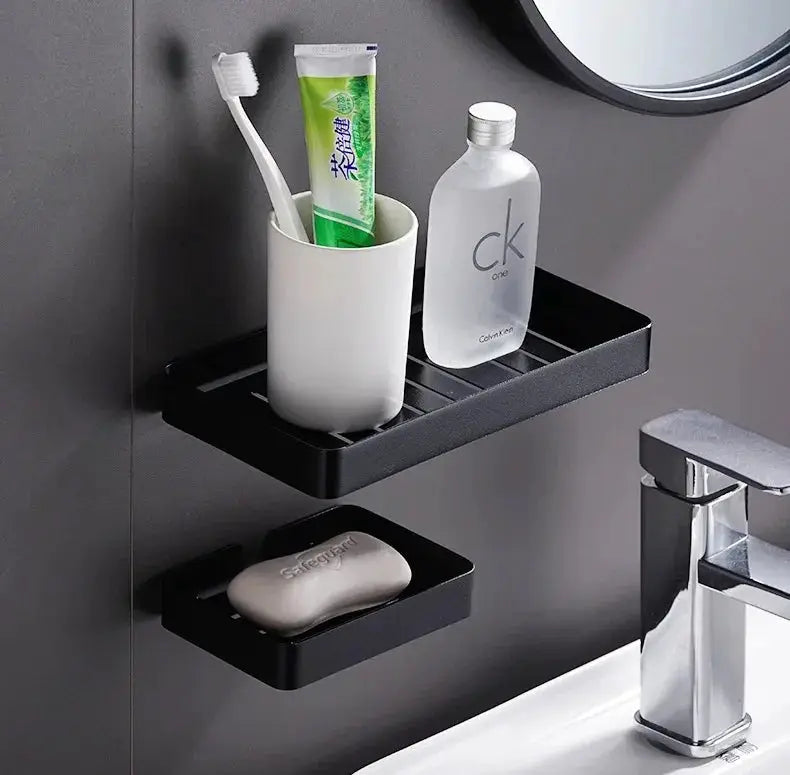 Wall-mounted bathroom shelf and soap sponge organizer, black 304 stainless steel, Simples Market