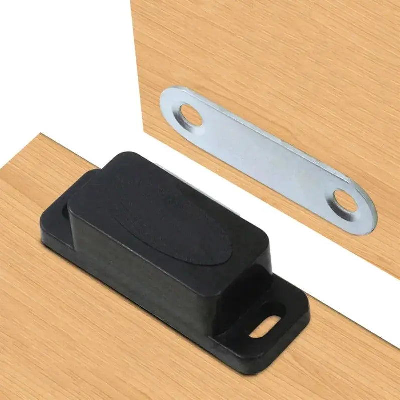 Cabinet magnetic door latch, black plastic housing with metal mounting plate