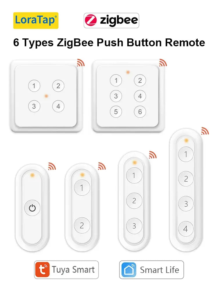 LoraTap ZigBee 3.0 wireless remote set of 6; white plastic with circular buttons, Tuya Smart and Smart Life logos