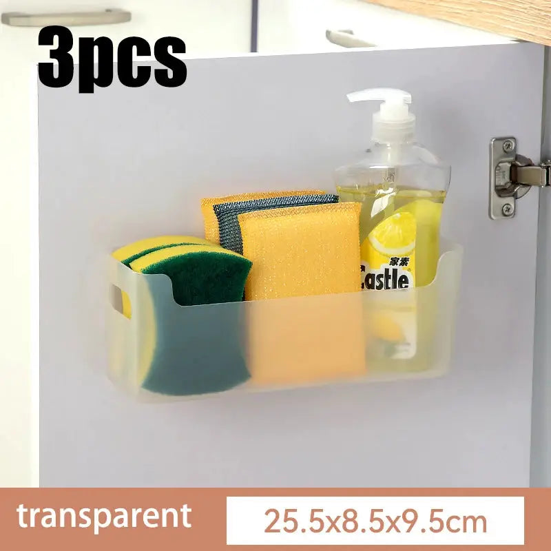Transparent cabinet door organizer set, 3 pcs by Simples Market, kitchen wall shelf holding sponges and Castle dish soap