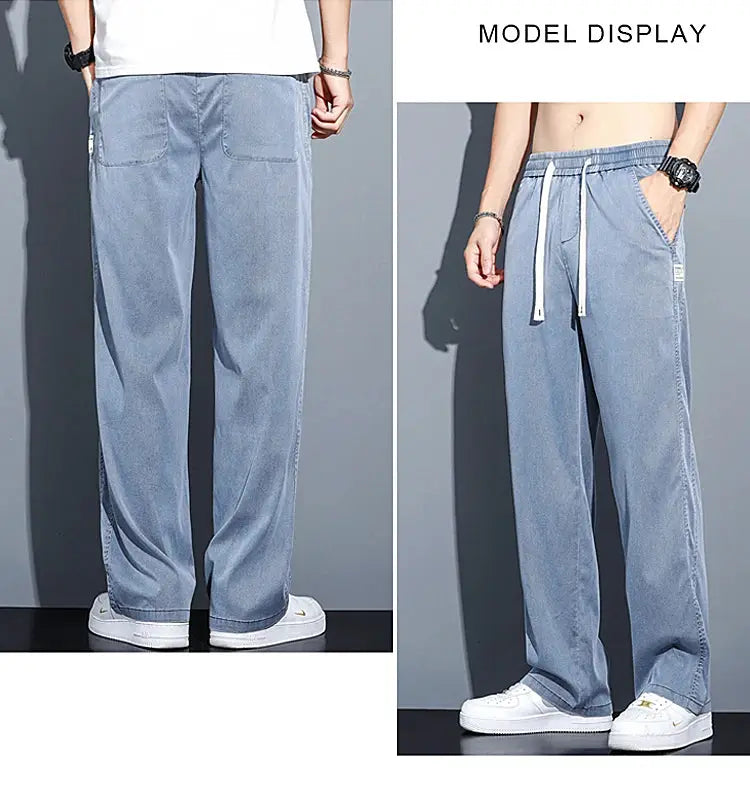 Men's lyocell jeans, light blue loose straight pants with drawstring elastic waist, plus size M-5XL.