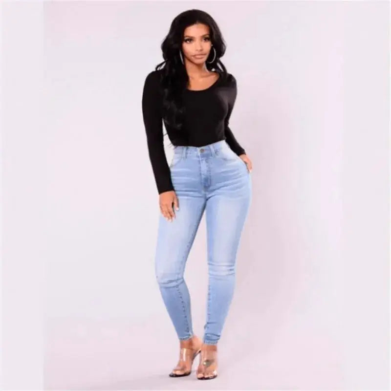 Women High Waist Denim Skinny Jeans Stretch Push Up Front Pockets