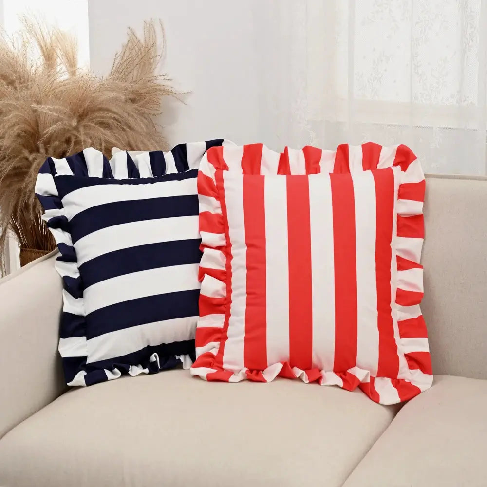 Two velvet striped pillowcases, navy/white and red/white, 18x18 in with ruffled edges
