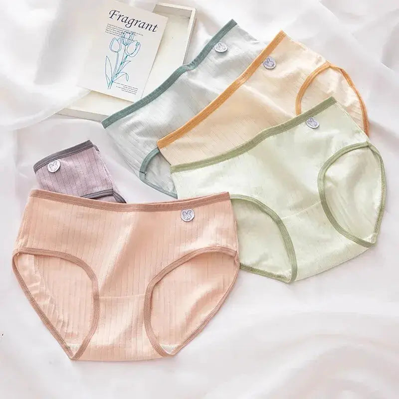 5Pcs cotton underwear set by Simples Market; pastel pink, peach, sage green, gray and cream briefs with bow accents