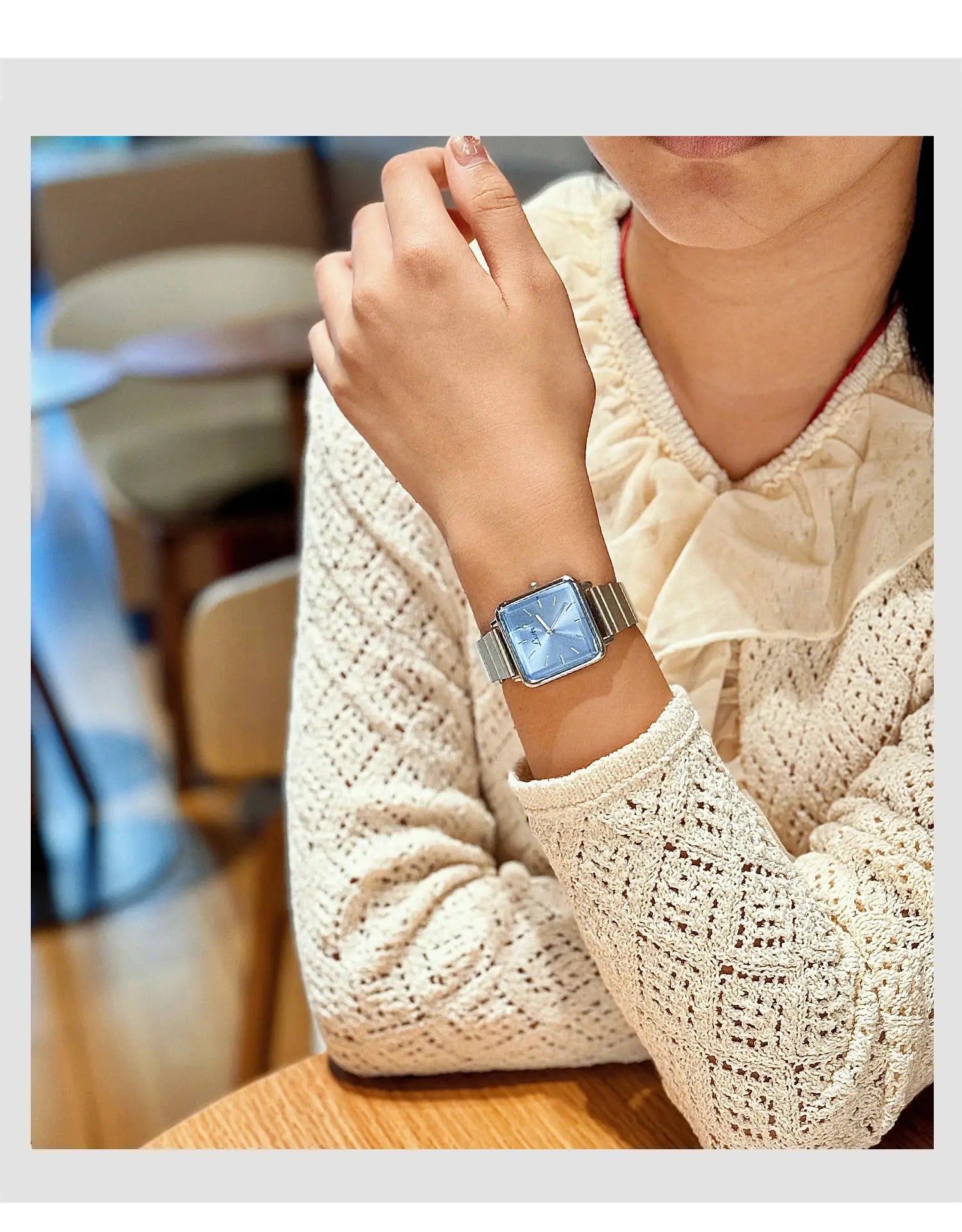 Women's square blue-dial quartz watch with stainless steel strap for casual wear