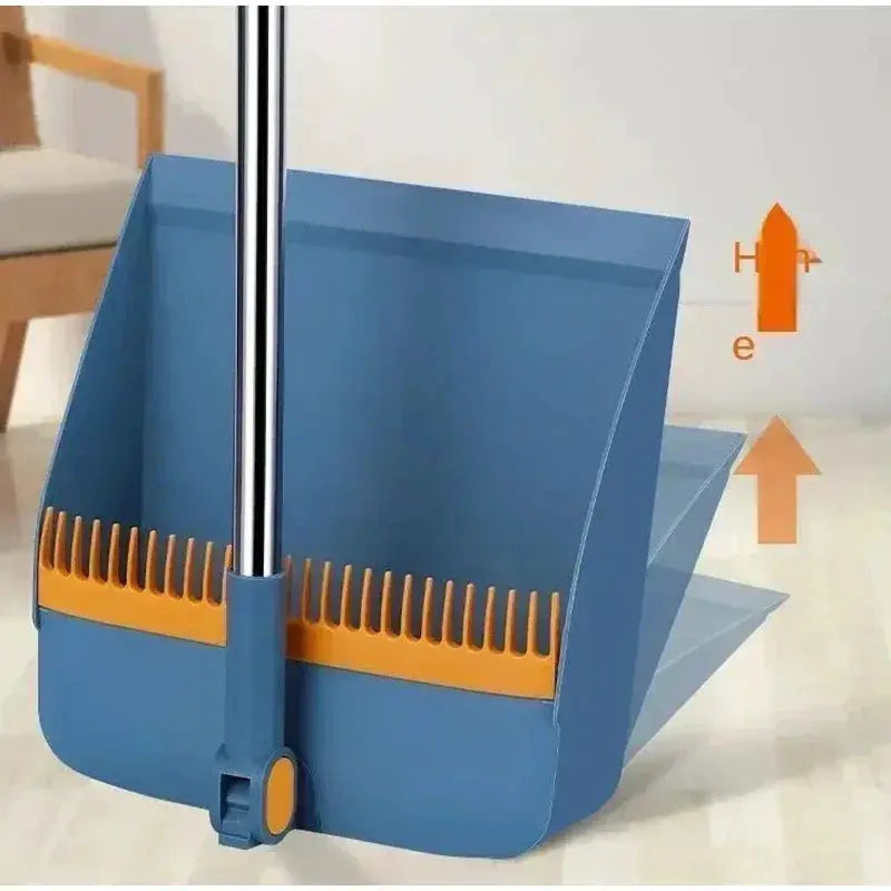 Blue dustpan and broom set with orange bristle comb and foldable design