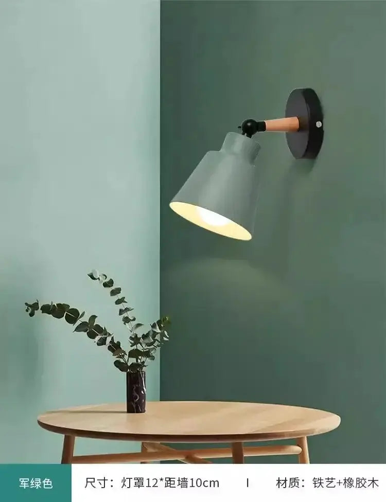 Nordic solid-wood LED wall lamp with grey conical shade and wooden arm on black circular mount