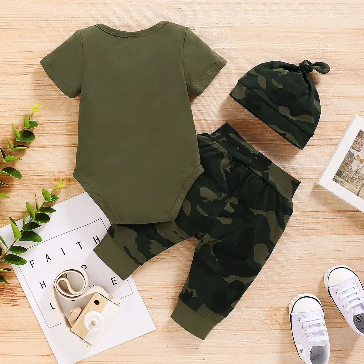 Baby Boy Summer 3 Piece Outfit Set Including Letter Print Short Sleeve Romper Camouflage Pants Hat 0 To 18 Months