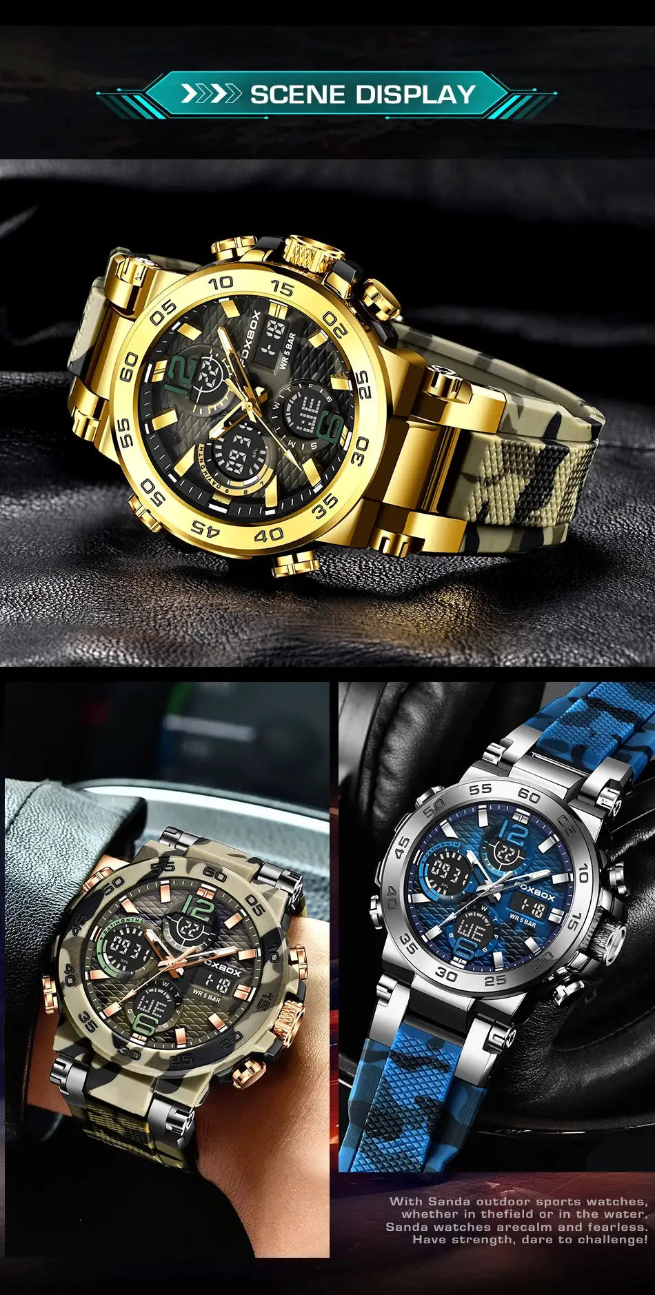LIGE electronic men's wristwatch LED display; gold-tone case with camouflage strap — three watches shown.