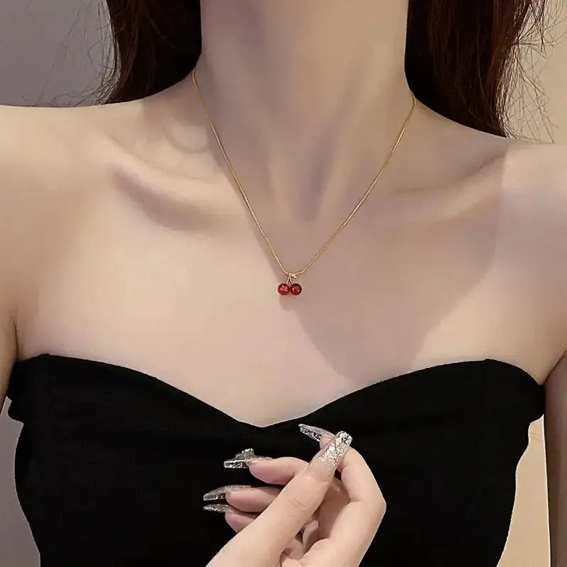Wine Red Cherry Pendant Necklace For Women With Golden Chain Fashion Jewelry Party Wear Birthday Gift