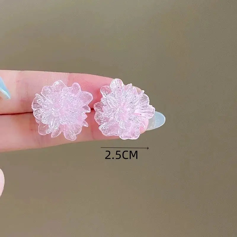 Pair of white camellia flower stud earrings, translucent petals, 2.5 cm