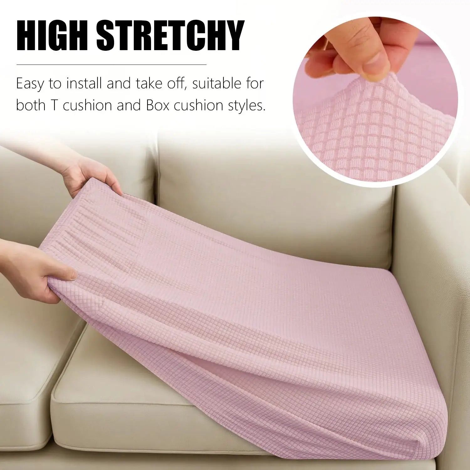 Pink jacqu ard sofa cushion cover, waterproof stretch slipcover being placed on a beige couch.